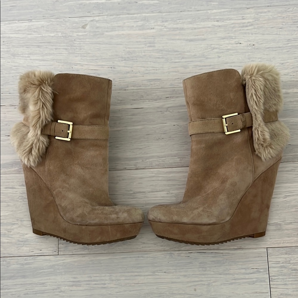 Nine West Genuine Leather Faux Fur Women's Tan Suede Wedge Boots 8.5